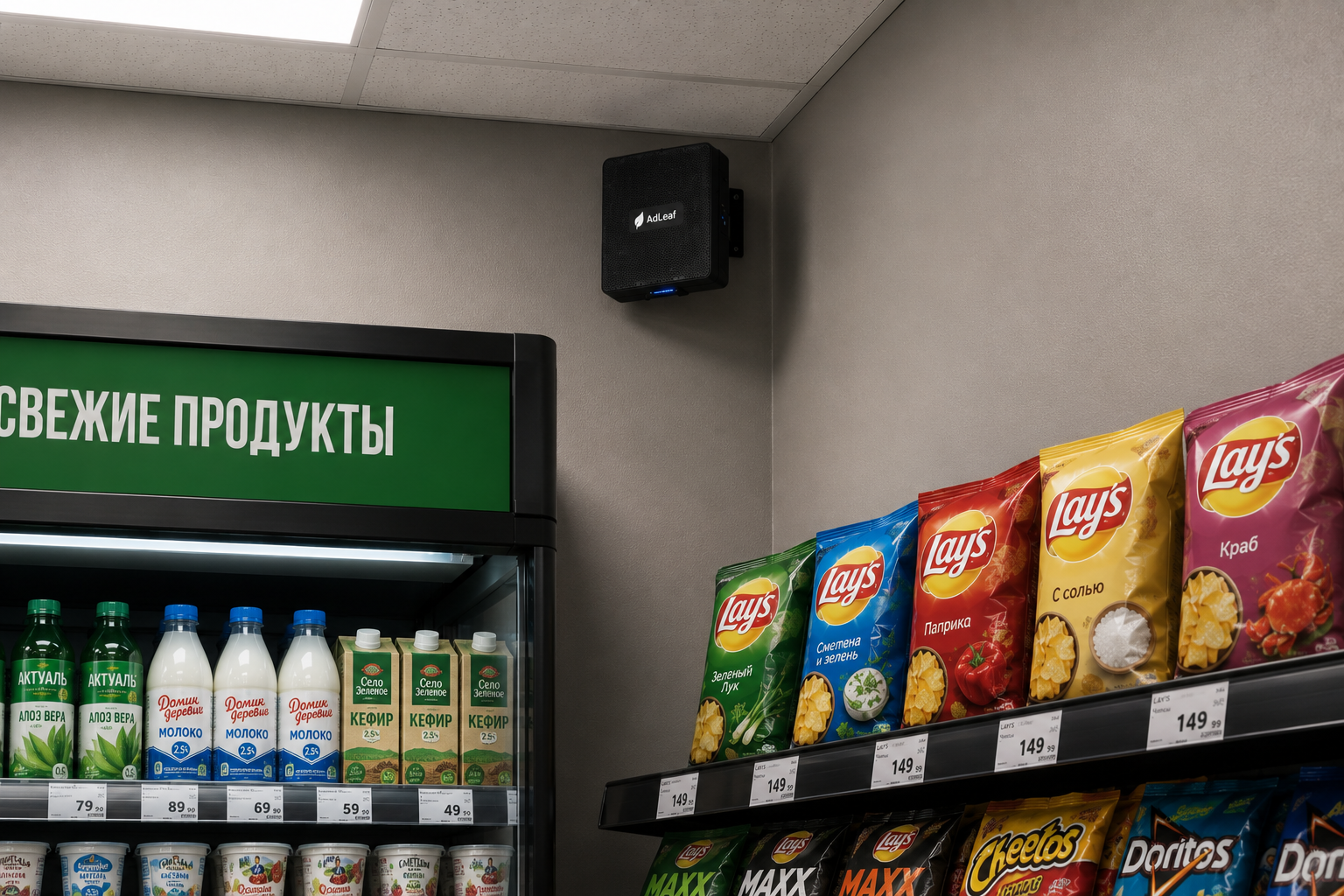 Аудиосистема ADLEAF, установленная в торговом помещении рядом с витриной и полкой